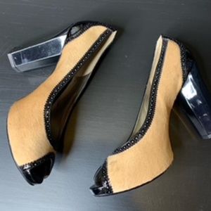 DianeVon Furstenberg Cowhide/Patent Peep Toe Heels